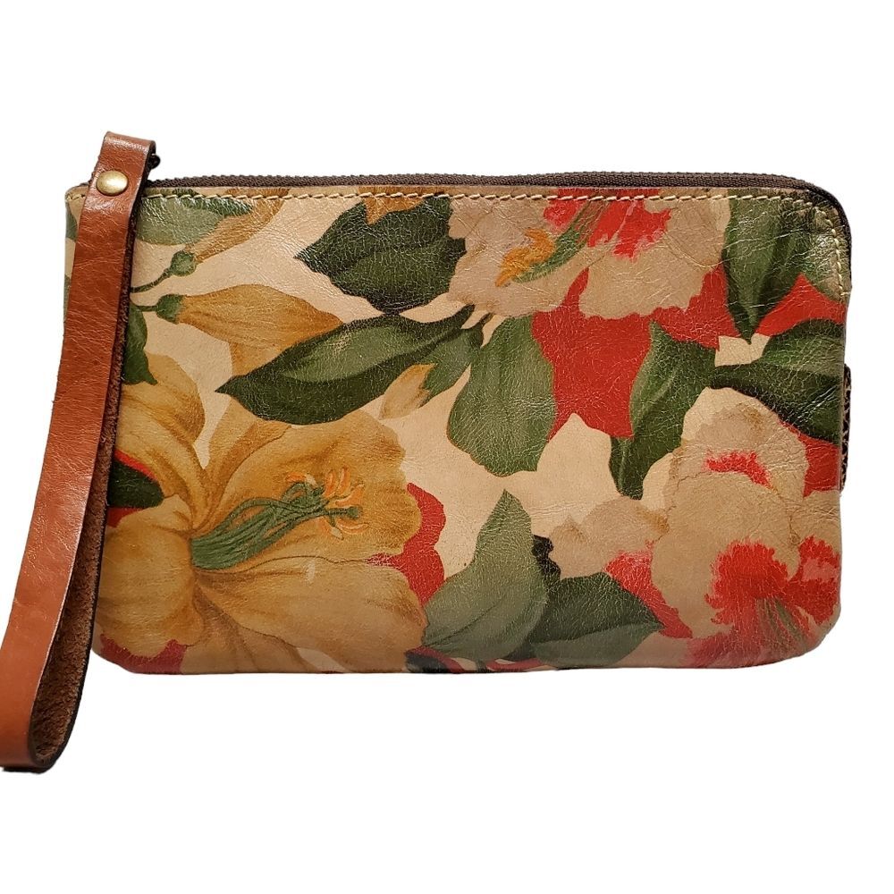 PATRICIA NASH Floral Leather Wristlet Zip Pouch Brown Tan Multicolor